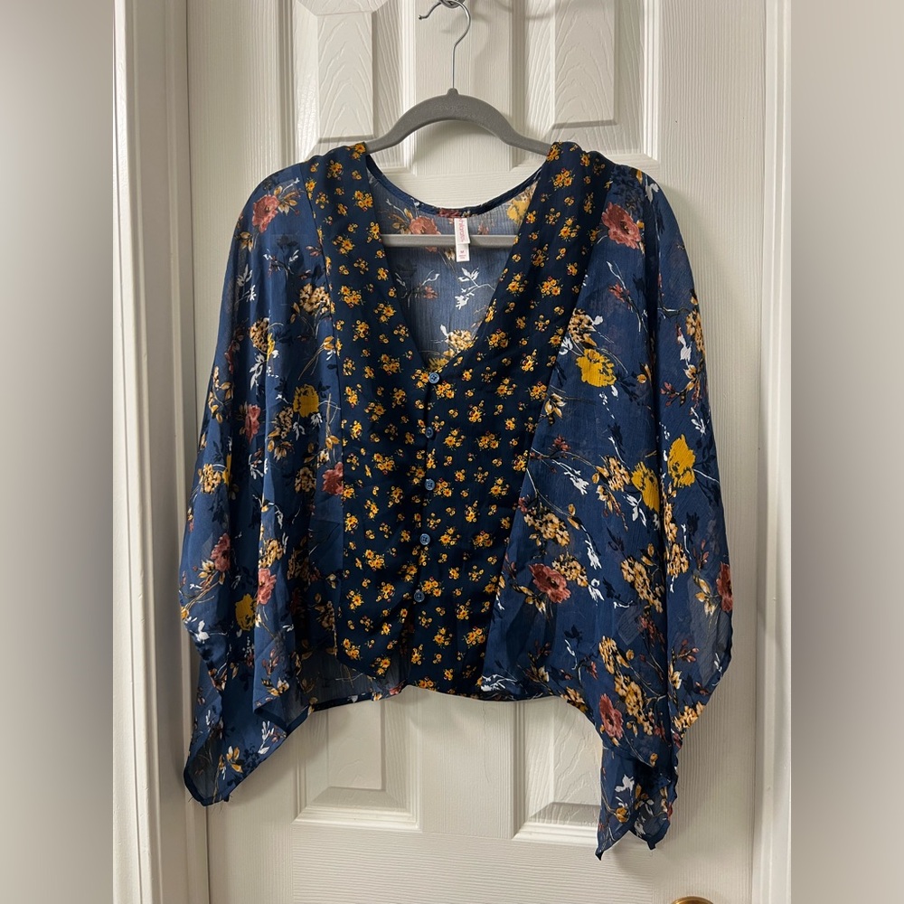 Xhilaration Blue and Yellow Asymmetrical Floral Blouse